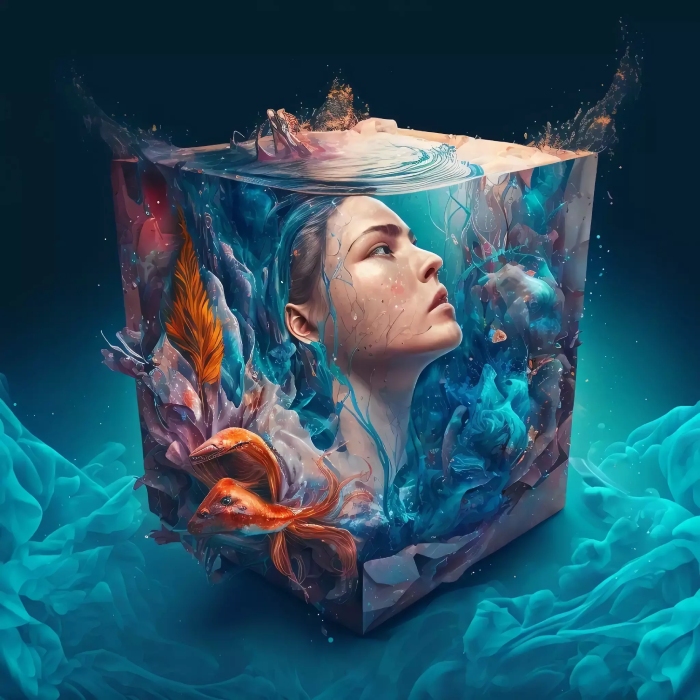 A woman trapped in a cube under water